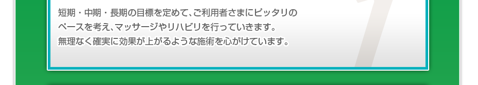 短期・中期・長期の目標を定めて、ご利用者さまにピッタリのペースを考え、マッサージやリハビリを行っていきます。無理なく確実に効果が上がるような施術を心がけています。
