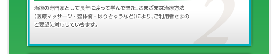 治療の専門家として長年に渡って学んできた、さまざまな治療方法（医療マッサージ・整体術・はりきゅうなど）により、ご利用者さまのご要望に対応していきます。