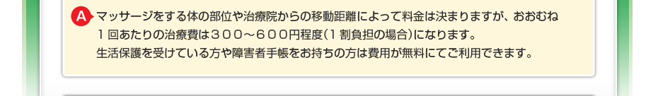 マッサージをする体の部位や治療院からの移動距離によって料金は決まりますが、 おおむね1回あたりの治療費は３００～６００円程度（1割負担の場合）になります。 生活保護を受けている方や障害者手帳をお持ちの方は費用が無料にてご利用できます。